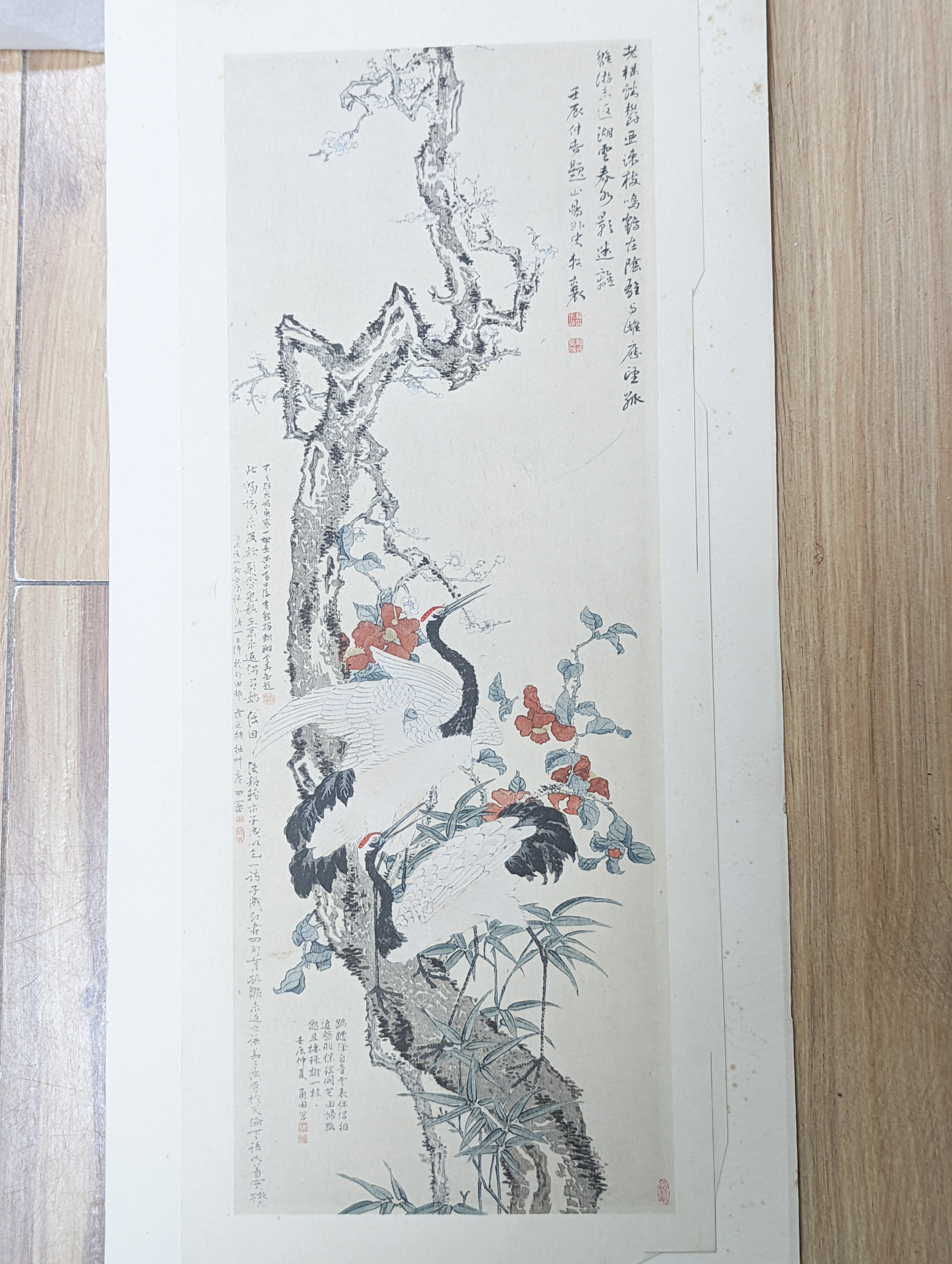 Two Chinese scrolls and a print, print 35 cms high x 11 cms wide